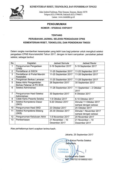 Pengumuman Perubahan Jadwal Seleksi Pengadaan Cpns Kemristekdikti Tahun