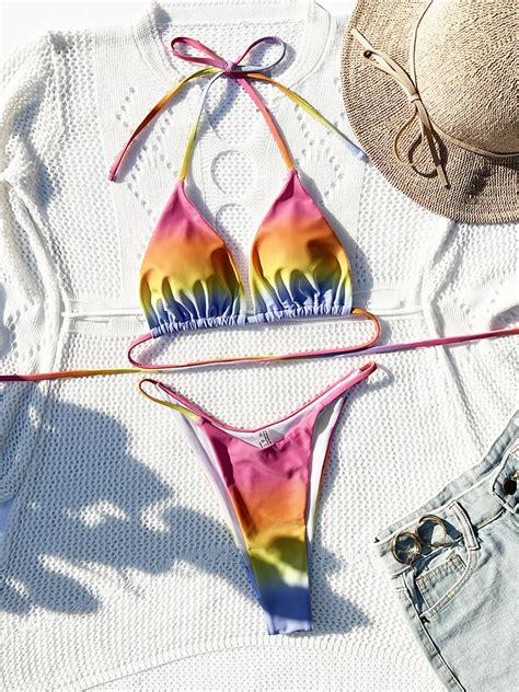 Wrap Around Colorful Halter High Cut Bikini Women Swimwear Female Swimsuit Two Pieces Bikini Set