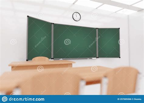 Empty Modern School Classroom With Chairs Desks And Chalkboard 3d