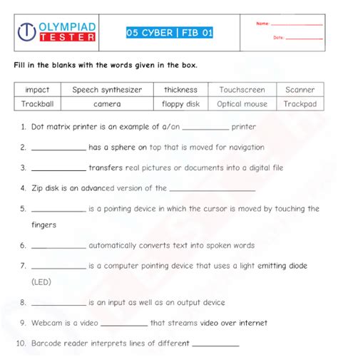 Cyber Olympiad Class 5 Sample Papers Fill In The Blanks Olympiad