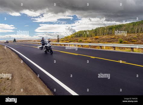 Motorcycle Rider On Paved Road Highway 40 North Central Colorado Usa