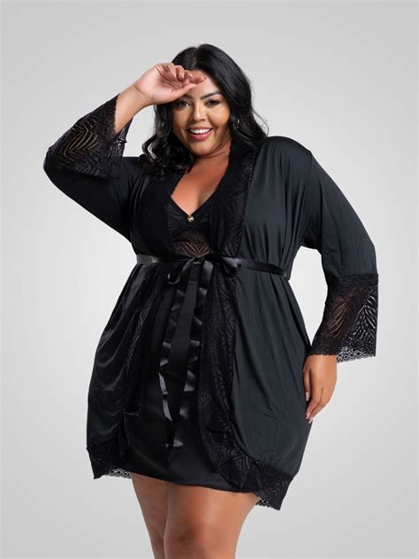 Robe Manga Longa Microfibra Renda Luxo Sexy Plus Size Florallys Imi Lingerie