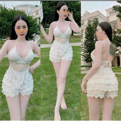 72 Set bikini đi biển len móc 2 món gồm áo bra tam giác tua rua trang trí quần sóc tầng giả váy