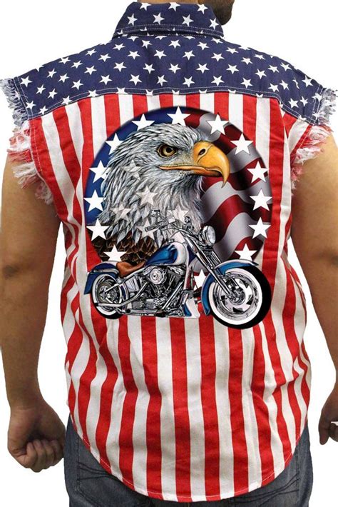 Men S USA Flag Sleeveless Denim Shirt Red White Bold Eagle Biker