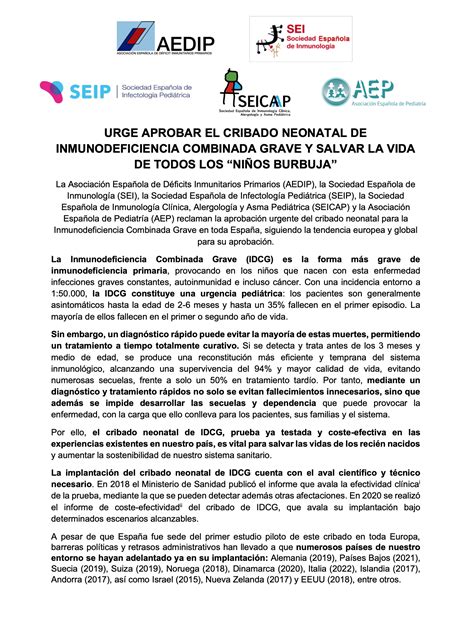 Comunicado Conjunto AEDIP SEI SEIP SEICAP AEP Urge Aprobar El Cribado