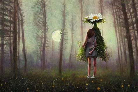 Giant Daisy Flowers Head Girl Standing In Forest Stable Diffusion