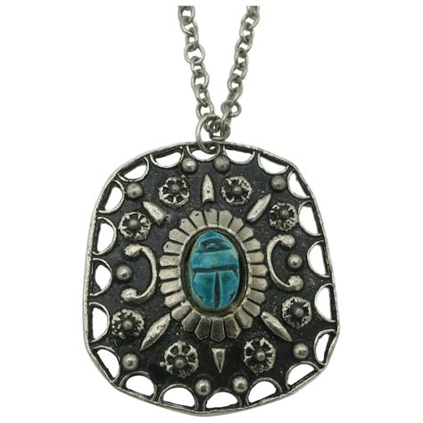 Egyptian Revival Turquoise Faience Scarab Pendant Necklace Silver Tone