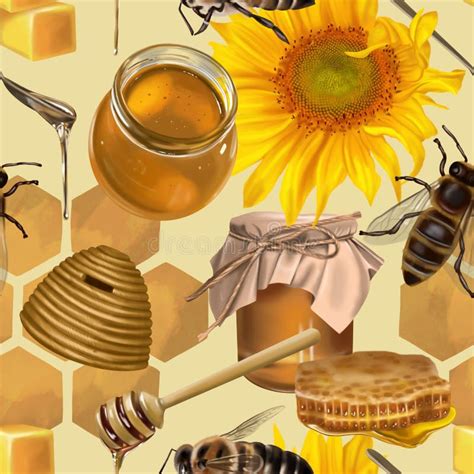 Realistic Seamless Pattern Of Honey Bees Honey Cans Beehive