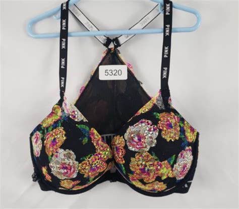 Victorias Secret Pink Date Pushup Bra Black Floral Lace Overlay Size 34dd Ebay