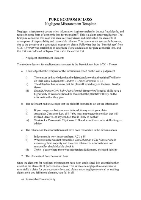 Negligent Mistatement Template Pure Economic Loss Negligent