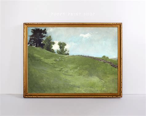 ROLLING HILLS Vintage Landscape, Green Rolling Hills, Meadow Painting ...