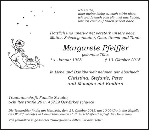 Traueranzeigen Von Margarete Pfeiffer Sich Erinnern De