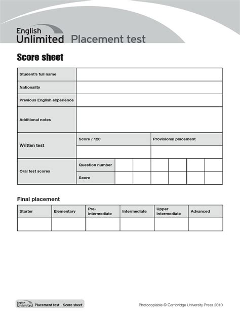 Score Sheet English Unlimited Complete Beginner Placement Test Score