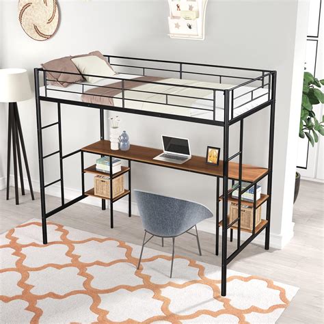 Merax Cama Tipo Loft De Metal Con Escritorio Negro Individual Yaxa Store