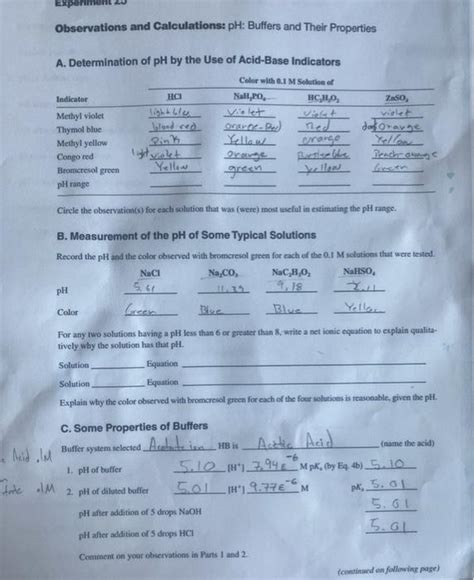 Solved Experimen Observations And Calculations Ph Buffers Chegg