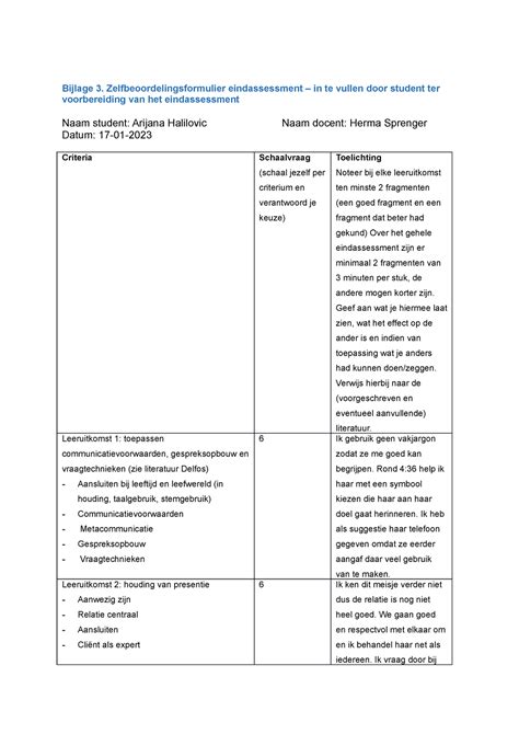 Zelfbeoordeling Voor Eindassessment Bijlage 3