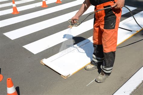 Worker Is Painting A Pedestrian Crosswalk Technical Road Man Worker