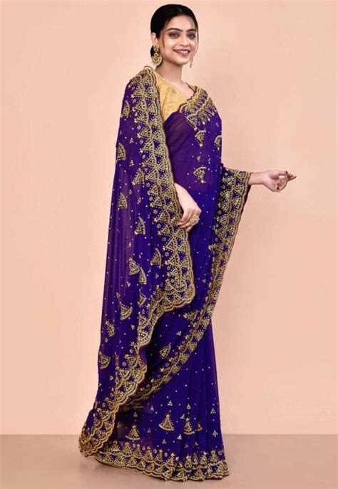 Buy Hand Embroidered Georgette Saree In Royal Blue Online SEH4631