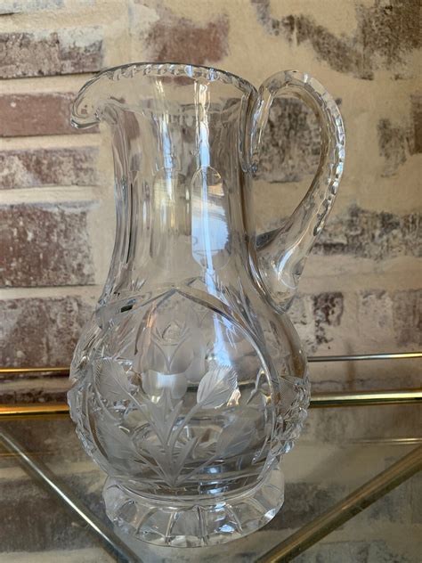 Vintage Crystal Etched Pitcher Etsy