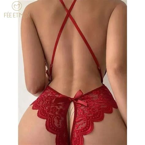 Bodysuit Feminino Profundo Decote Em V Sem Costas Halter Lace Lingerie Sexy Vestido Vermelho