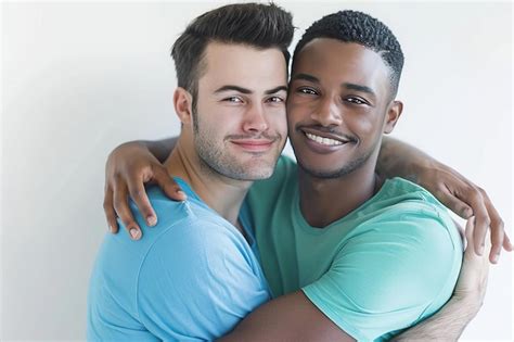 Casal gay afetuoso abraçando se em camisas de cores brilhantes imagem Premium gerada IA