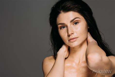 Attractive Naked Woman With Freckles On Face Isolated On Grey Posters For The Wall Posters