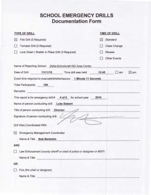 Fillable Online SCHOOL EMERGENCY DRILLS Documentation Form TYPE OF