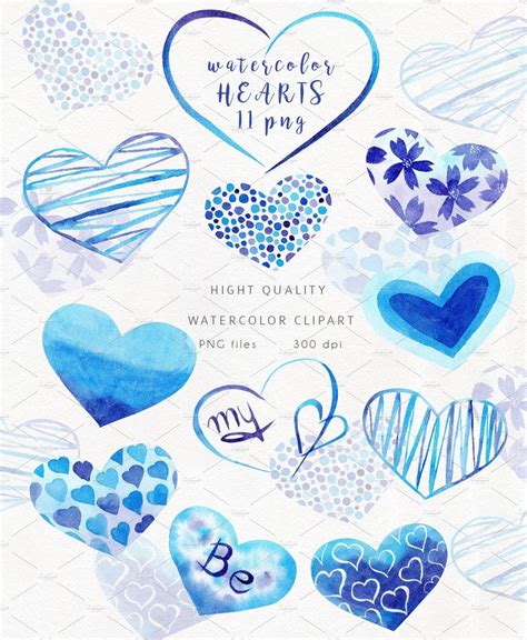 Watercolor Blue Hearts Collection Valentines Watercolor Clip Art