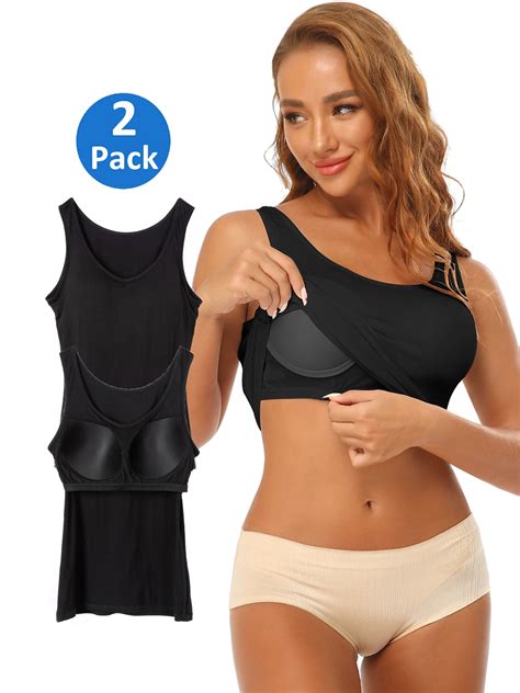 2 Pack Womens Camisole With Built In Bra Tank Tops For Layering