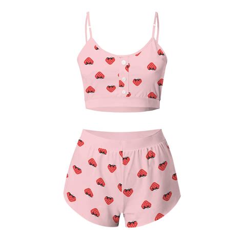 Cheap Womens 2 Pieces Kawaii Strawberry Print Cami Pajama Set Sexy