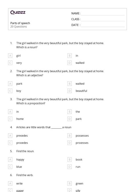 50 Parts Of Speech Worksheets For 2nd Class On Quizizz Free And Printable