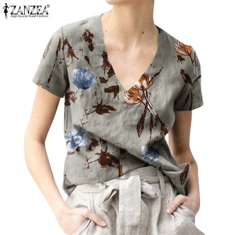 Zanzea Women Casual Loose V Neck Floral Print Vintage Holiday Blouse