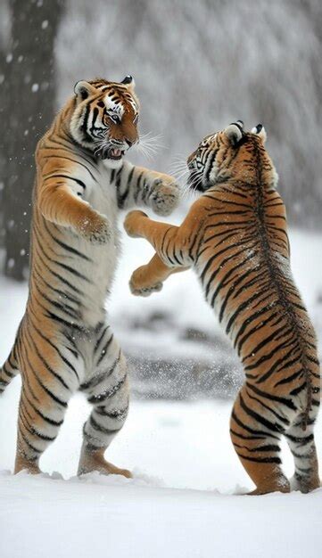 Premium AI Image Two Tigers Fighting In The Snow With One Of Them