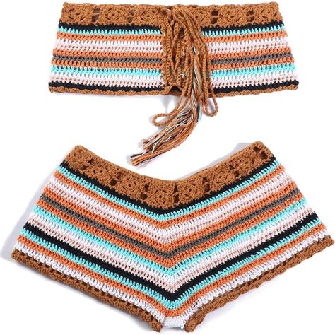 Amazon Women Crochet Bikini Set Knit 2PCS Bathing Suit Swimsuit Beachwear Clothing Shoes