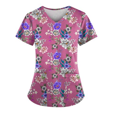 Bdporkas Print Scrub Tops Women Cute Floral Print Plus Size Fun Short