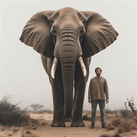 Premium Ai Image A Man Stands Next To An Elephant With Two Tusks