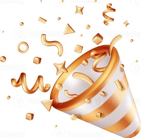 3d Gold Party Popper With Confetti 35700309 Png