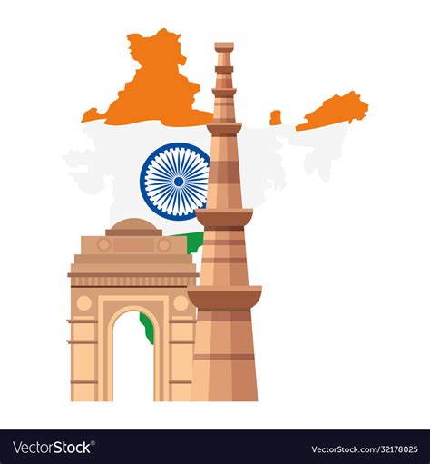 Qutub Minar Famous Monument With India Gate Vector Image