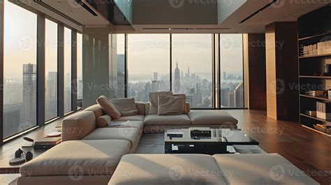 Modern High-Rise Living Room Luxurious Urban Oasis with City Skyline