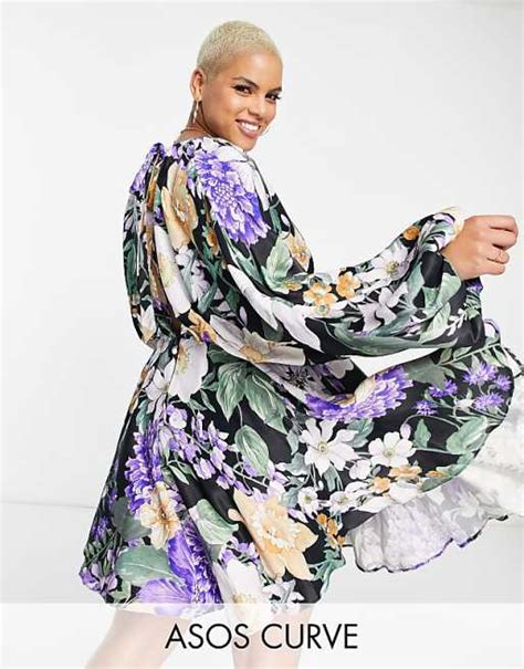 Asos Edition Curve Mini Dress With Blouson Sleeves In Floral Print Asos