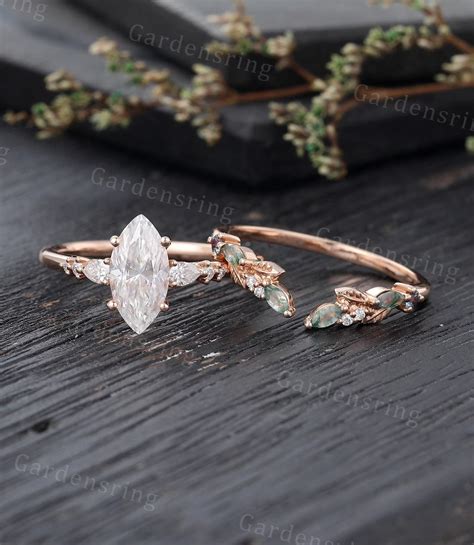 Marquise Cut Moissanite Engagement Ring Set Vintage Rose Gold Diamond