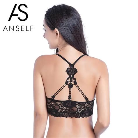 Anself Women Sexy Semi Sheer Crochet Lace Bra Skinny Strap Padded