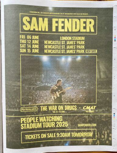 Sam Fender Tour Dates Live Advert Newspaper Ad Poster Full Page