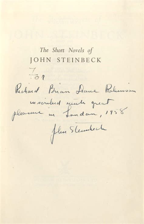 Bonhams Steinbeck John The Short Novels Of John Steinbeck Author S Presentation Copy