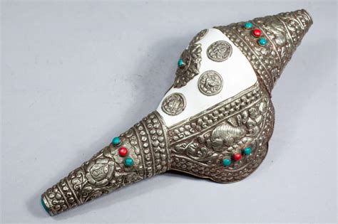 Lot Large Tibetan Silver Conch Shell Trumpet
