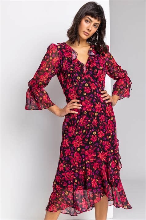 Floral Print Chiffon Frill Midi Dress In Red Roman Originals UK