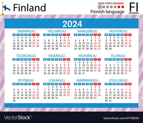 Finnish horizontal pocket calendar for 2024 week Vector Image