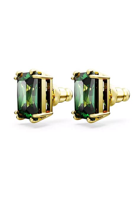 Buy Swarovski Stilla Stud Earrings Rectangular Cut Green Gold Tone