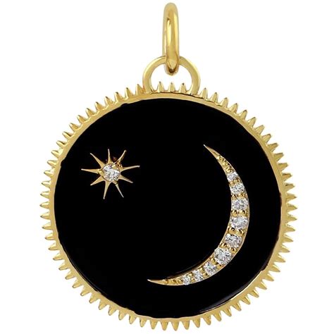 Black Enamel Crescent Moon 14k Gold Medallion Charm Diamond Pendant