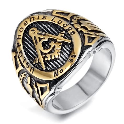 New Mens Gold Free Mason Freemasonry Masonic Ring 316L Stainless Steel